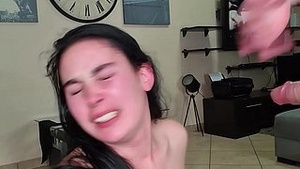 Tug on her, slap her, lick the thing hugging her. She needs to be ashamed of her cum this way