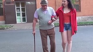Unfettered grandpa enjoys his first nifty with cute young selfies
