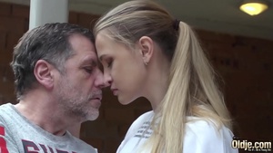 Gradpa fucks tight and wet young girl who plays with her pussy and cum in her mouth