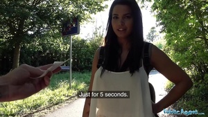 Public agent Chloe Lamoureux gets cum on her big tits for cash