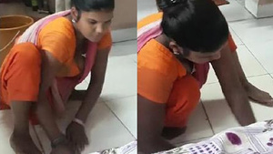 Big breasted Indian maid cleaning the house and boss cannot stop staring at her big chest.