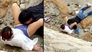 A young man smells his girlfriend’s panties and sucks her Indian pussy outside and gets caught on camera.
