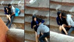 Young college girl and boy having sex on campus in public drive-in movie loungerators