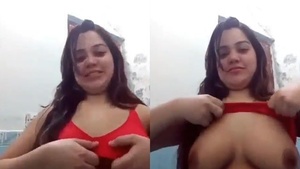 Beautiful big-boobed girl shows off her breasts