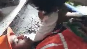 Construction worker has sex with colleague on the construction site.