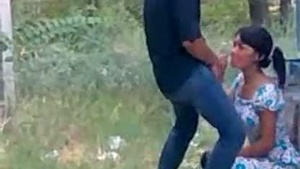 Young couple’s upcoming break time is used to perform oral sex behind the house.